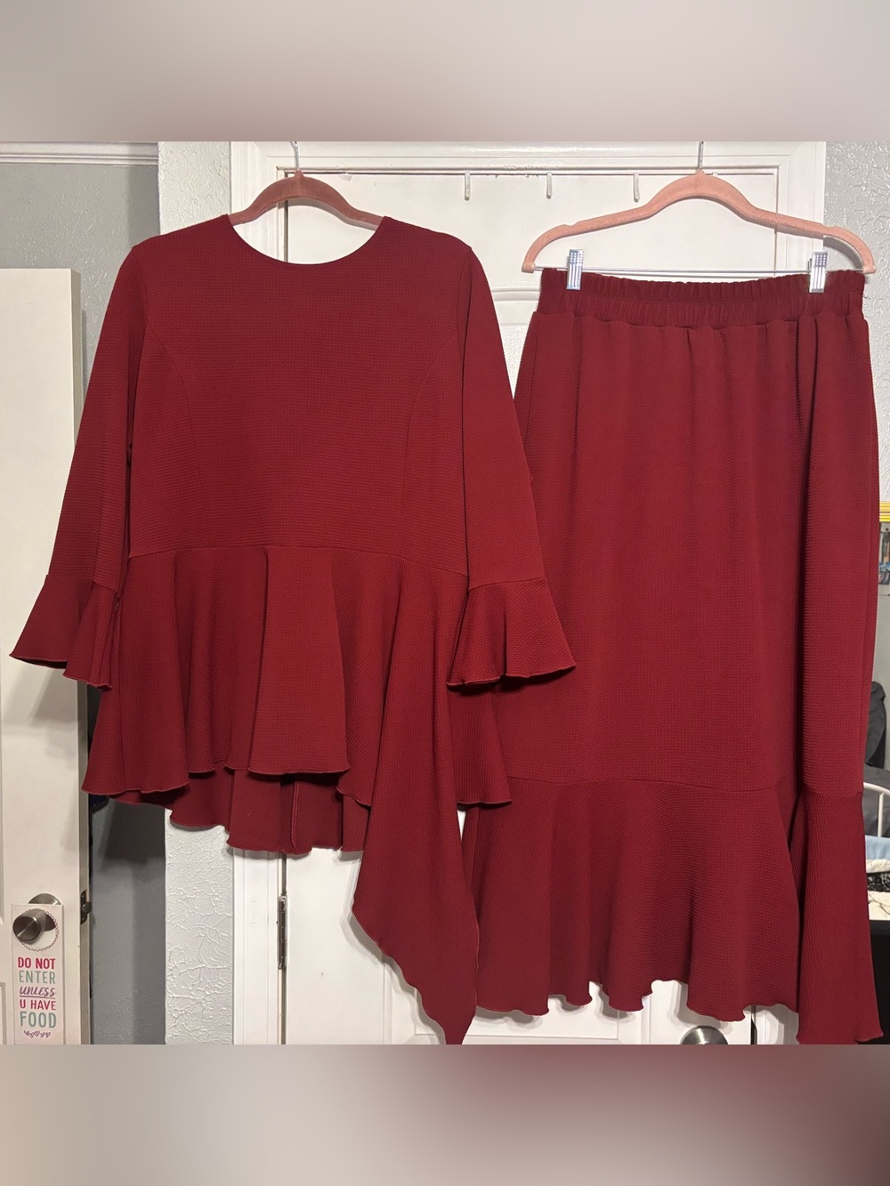 Women's Two-Piece Top and Skirt Set in Deep Red